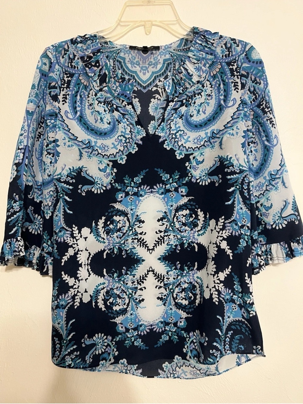 Kobe Halperin Women’s Blue Paisley Ruffle-Neck Tunic Top Silk